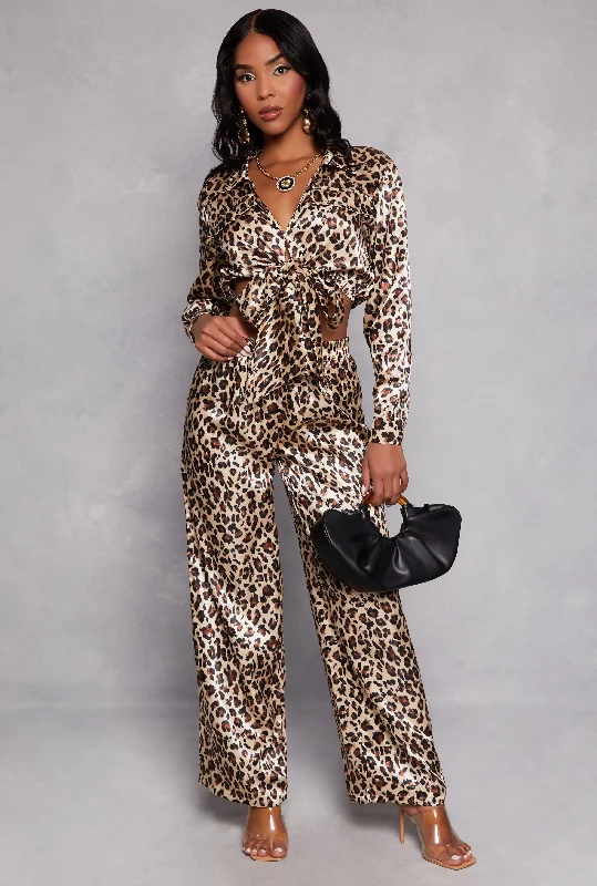 Satin Leopard Print Tie Front Top and Wide Leg Pants Comfortable Fleece Pants