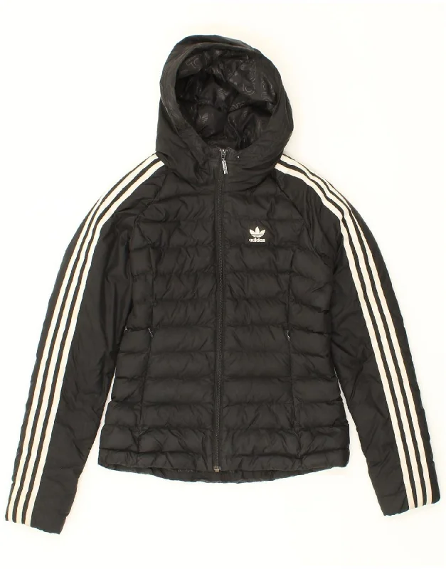 ADIDAS Womens Hooded Padded Jacket UK 6 XS Black Polyester Collared Jacket Crew Neck Jacket Turtle Neck Jacket