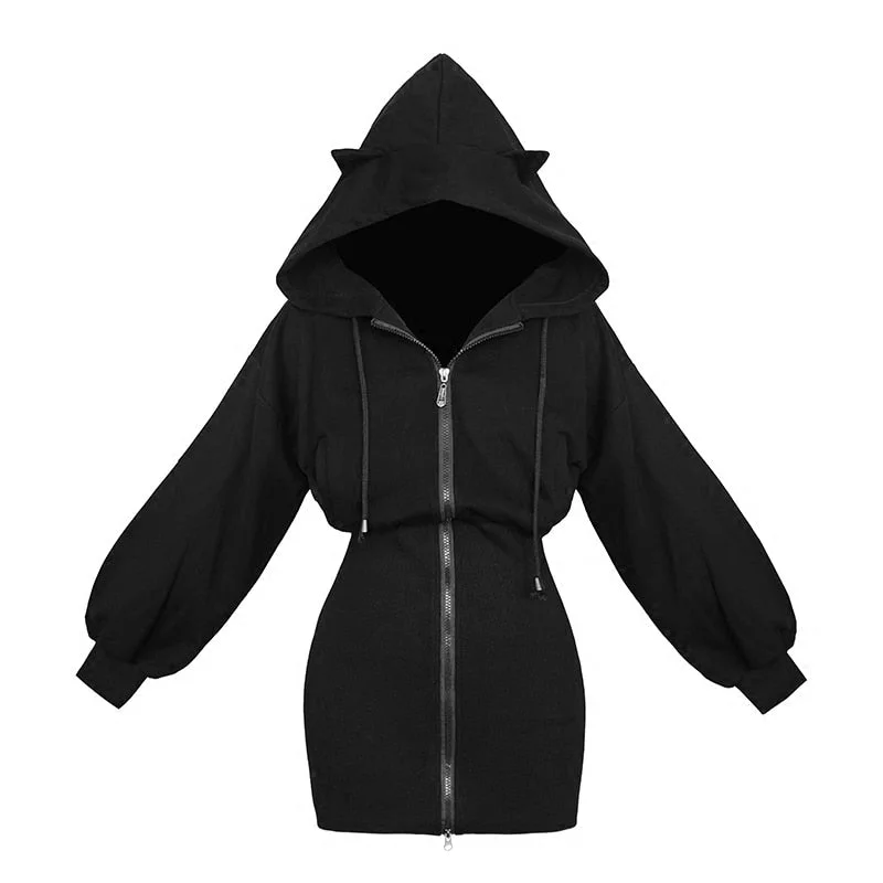 WILUXE Hoodie Harajuku Long Sweatshirt Women Black Punk Gothic Hoodies Hoody Ladies Zip-up 2019 Autumn Cute Ear Cat Hoodies Hoodie with Sequins Glamorous Eye-catching