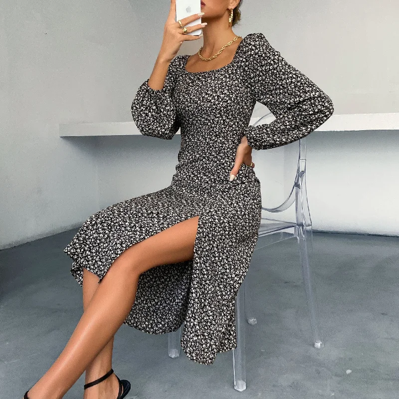 IKEARLAX women's clothing autumn long-sleeved square neck split-ended OL floral trade dress Tunics Stylish elegant IKEARLAX women's clothing autumn long-sleeved square neck split-ended OL floral trade dress Tunics Stylish elegant