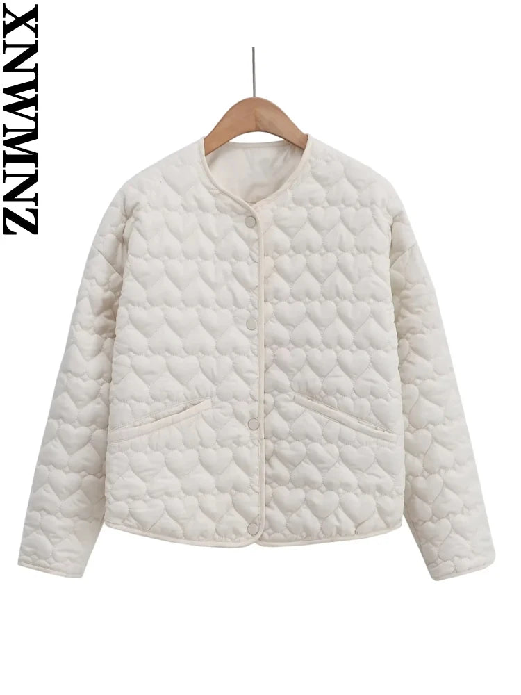 XNWMNZ Women's Fashion 2023 Autumn/Winter Heart Padded Jacket Women O Neck Long Sleeve Pocket Versatile Female Coat Knit Fabric Woven Fabric Fleece Fabric