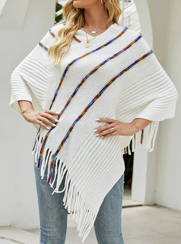 COLORFUL FRINGE SWEATER CLOAK Graphic Sweater Embroidered Appliqued