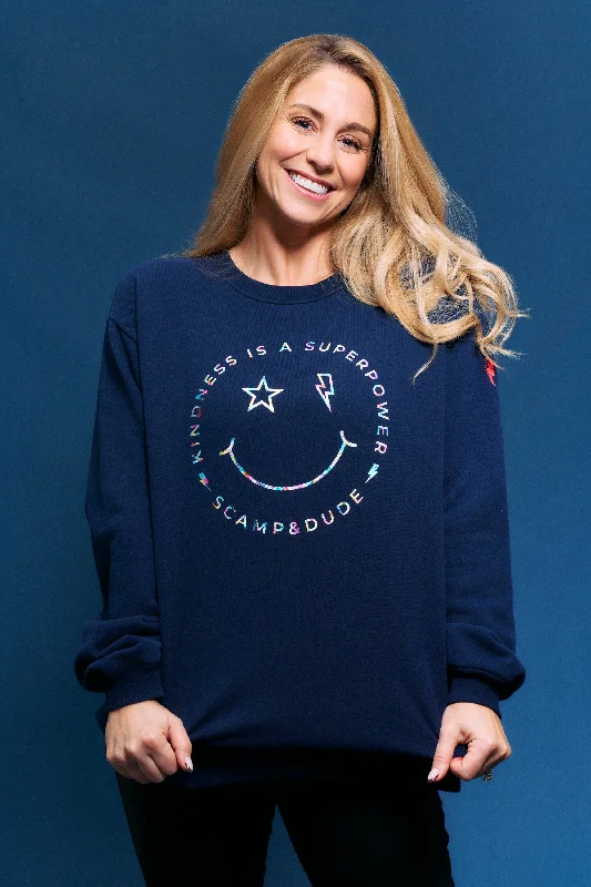 Scamp & Dude x Style For Stroke Navy with Rainbow Foil Smiley Face Oversized Sweatshirt Cotton Hoodie Fleece Lining Warmth