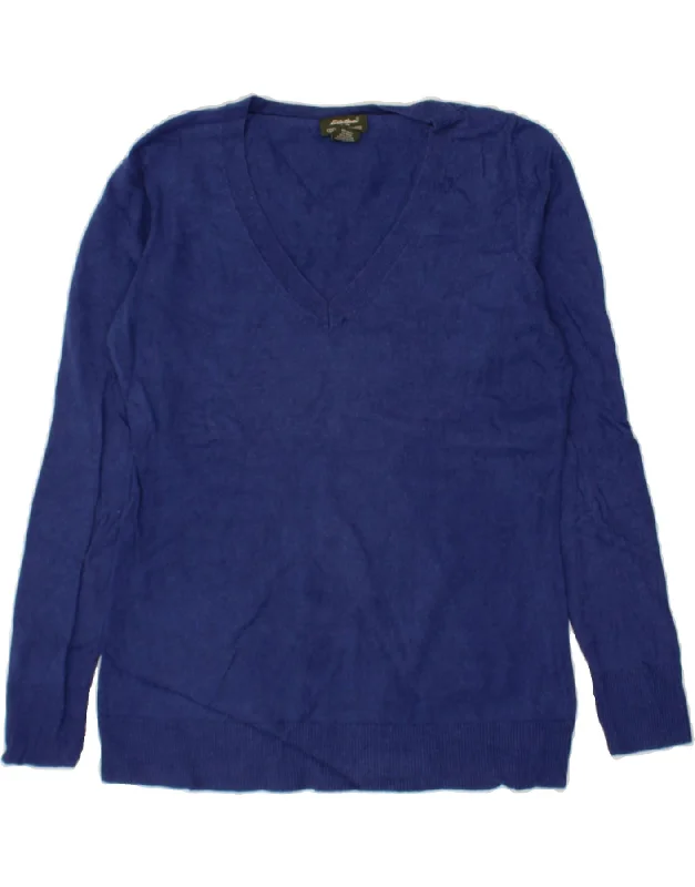 EDDIE BAUER Womens V-Neck Jumper Sweater UK 14 Medium Blue Fleece Fabric Down Fabric Feather Fabric