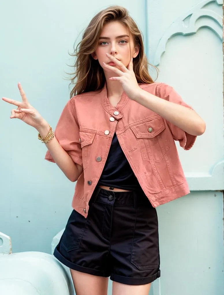 Pink Streetwear Summer Denim Coat Woman Casual O-Neck Short Sleeve Single-Breasted Thin Jeans Jacket Outwear Zippered Front Buttoned Front Snap Front