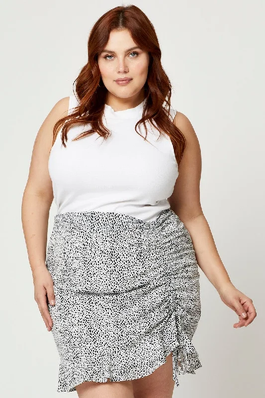 Geo Print Plus Side Tie Ruched Skirt elastic waist skirt