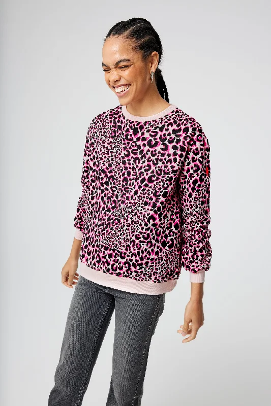 Neutral with Pink and Black Rock and Roll Leopard Oversized Sweatshirt Hoodie with Illustration Artistic Creative