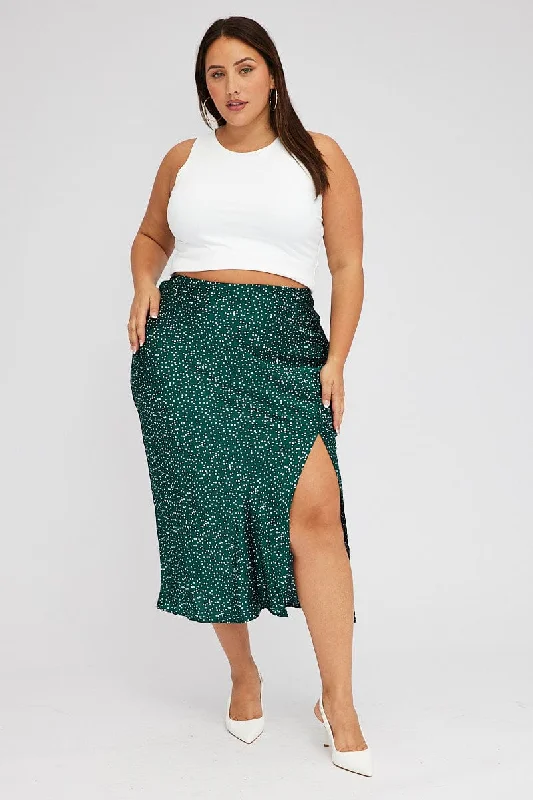 Green Polka Dot Satin Slip Skirt With Split wrap skirt elegant