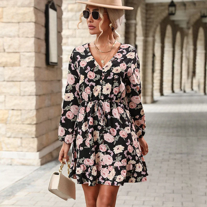 IKEARLAX  cross-border women's clothing  loose A-shaped skirt long-sleeved v-neck  flower print dress wholesale Tunics Stylish elegant