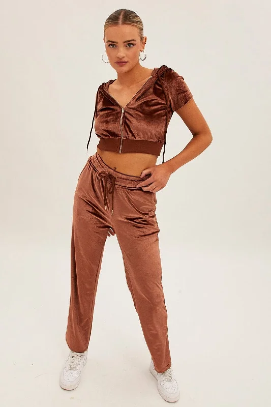 Brown Velvet Flared Hem Pants Modern Stretch Trousers