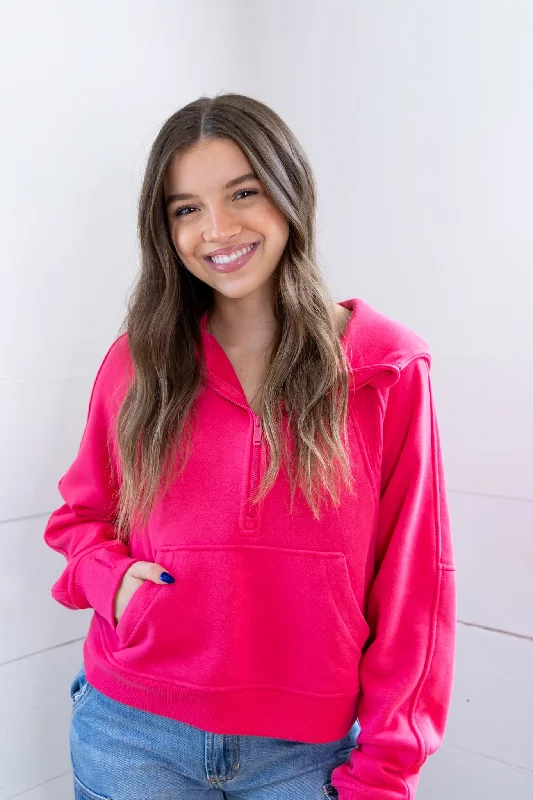 Curvy Maycie Crop Scuba Hoodie- Pink Hoodie with Set-In Sleeves Structured Classic
