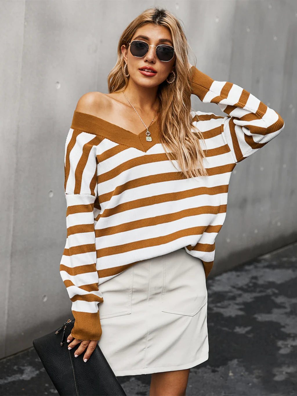 CLASSY V-NECK STRIPED WARM SWEATER Oversized Loose Flowy