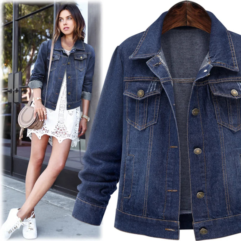 Large size 5XL 2020 Autumn Winter Women Denim Jacket  Long Sleeve Short Denim Coat For Women Jeans Jacket Plus Size Outwear A-Line Jacket Boat Neck Shawl Collar