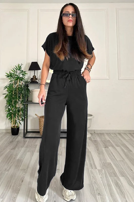 Bennie Round Neck Short Sleeve Top and Drawstring Pants Set Comfortable Fleece Pants