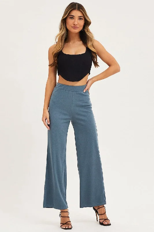 Blue Flare Pants High Rise Elegant Wool Trousers