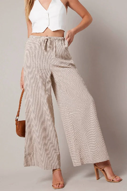 Beige Geo Wide Leg Pants High Rise Comfortable Jogging Pants