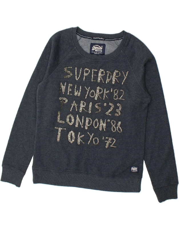 SUPERDRY Womens Graphic Sweatshirt Jumper UK 16 Large Grey Cotton Hoodie with Pattern Geometric Abstract