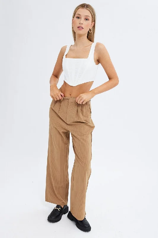 Blue Stripe Wide Leg Pants High Rise Pleated Comfortable Jogger Trousers