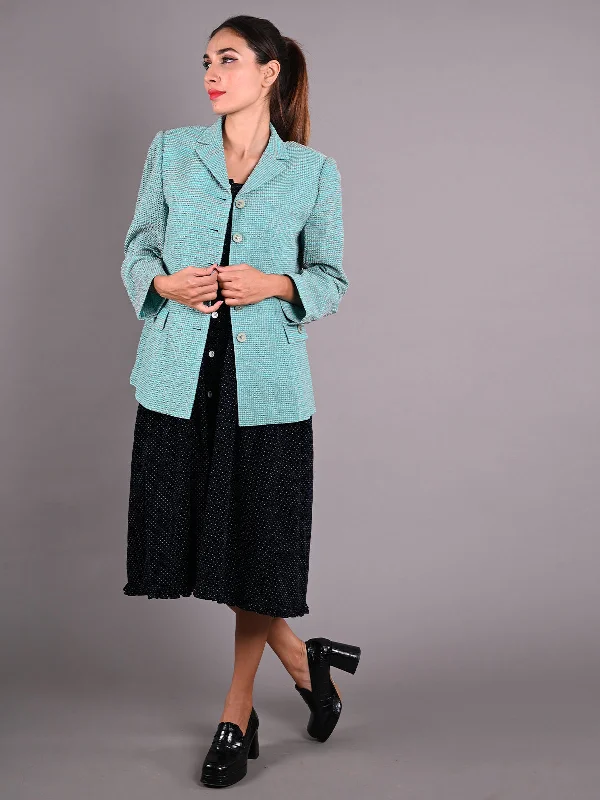 Odette Sea Green Crinkled Polyester Jacket for Women Hooded Jacket Caped Jacket Shawl Collar Jacket