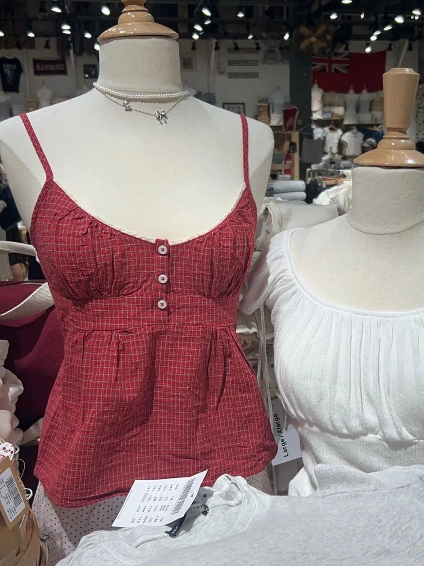 Advbridge New Red Plaid Buttons Slim Tank Top Women Lace Trim V-neck Back Lace-up Cotton Camis Summer Vintage Sweet Sleeveless Vests Y2k off shoulder tank