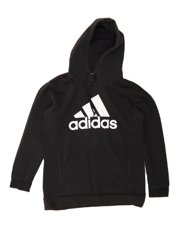 ADIDAS Womens Graphic Oversized Hoodie Jumper UK 8/10 Small Black Cotton Hoodie with Emblem Brand Identity