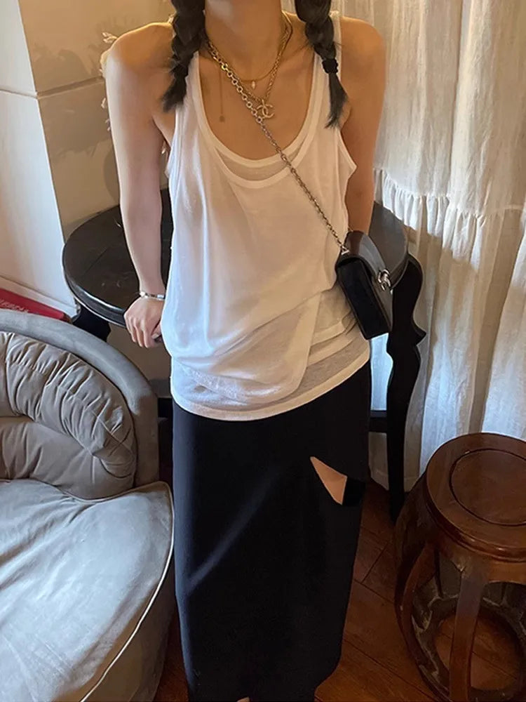 Advbridge American Style Fake Two-Piece Tank Top For Women Xia Chun's Slim Fit Design With A Double Layered Suspender Top print tank top