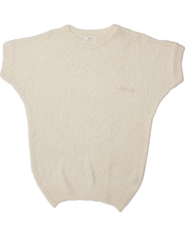 VINTAGE Womens Short Sleeve Crew Neck Jumper Sweater UK 18 XL White Sweater Knitwear Pullover