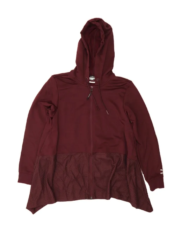 PUMA Womens Zip Hoodie Sweater UK 14 Large Maroon Hoodie with Thumb Holes Functional Cozy