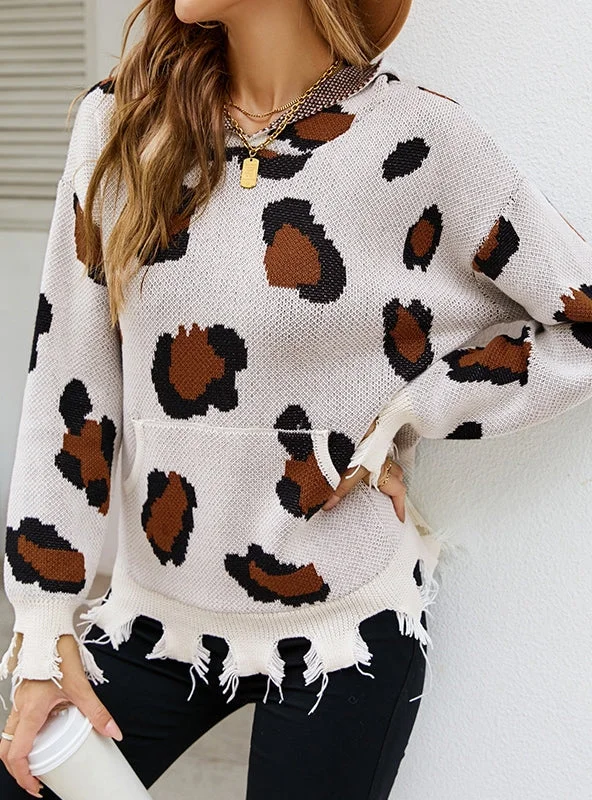 HAND-CUT HOLE TASSEL LEOPARD SWEATER Handmade Hand-knitted Hand-woven