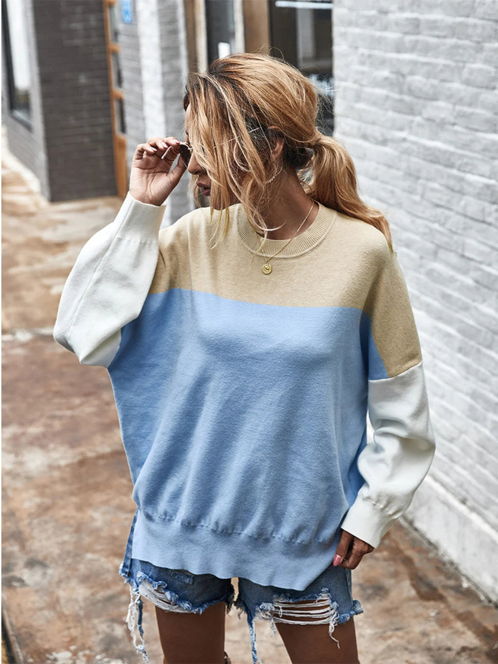 CLASSY CONTRASTING COLOR SWEATER TOP Terry Blend Velvet Blend Canvas Blend