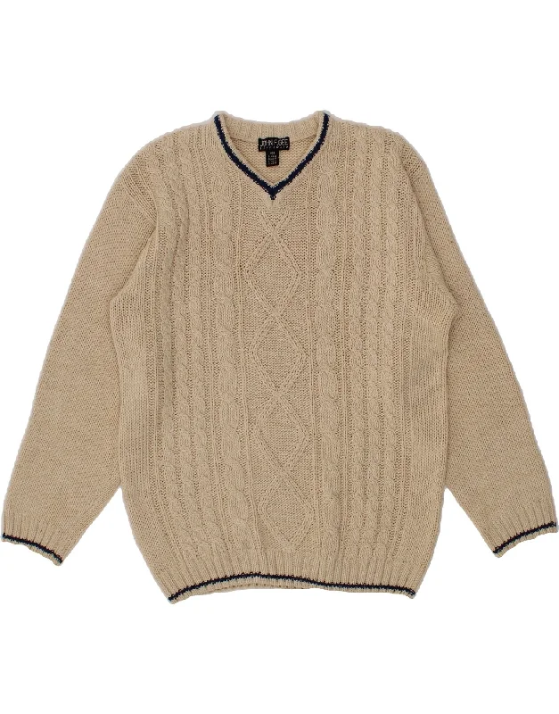 JOHN F GEE Womens V-Neck Jumper Sweater IT 44/46 Large Beige Polyacrylic Sequined Glittery Shiny