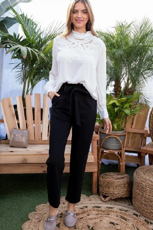 Ruffle High Waist Belt Side Pocket Front Zipper Solid Pants Classic Flared Pants