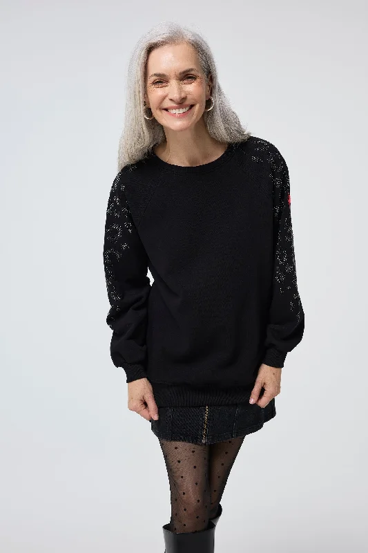 Black with Studded Leopard Oversized Sweatshirt Hoodie with Front Slit Layering Stylish