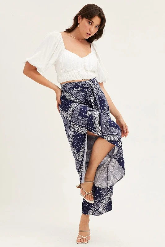 Boho Print High Rise Front Split Wide Leg Pants Stylish Paperbag Waist Pants