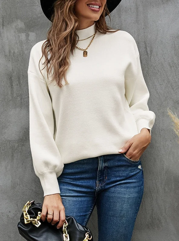 SOLID COLOR TURTLENECK LANTERN SLEEVE SWEATER Velvet Chenille Corduroy