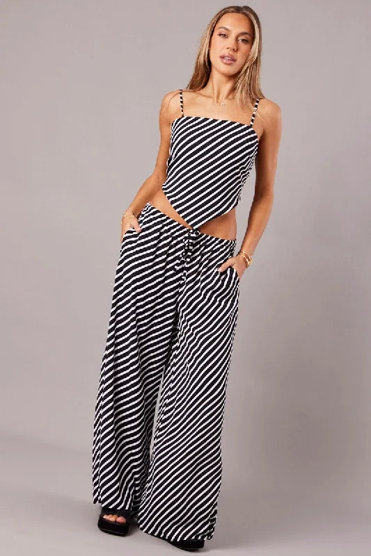 Black Stripe Wide Leg Pants High Rise Modern Bootcut Pants