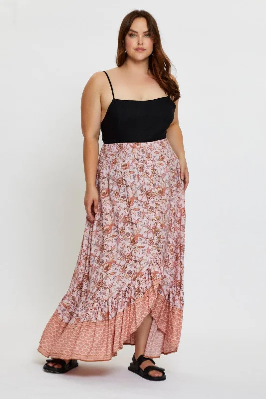 Boho Print Maxi Skirt High-low chiffon skirt flowing
