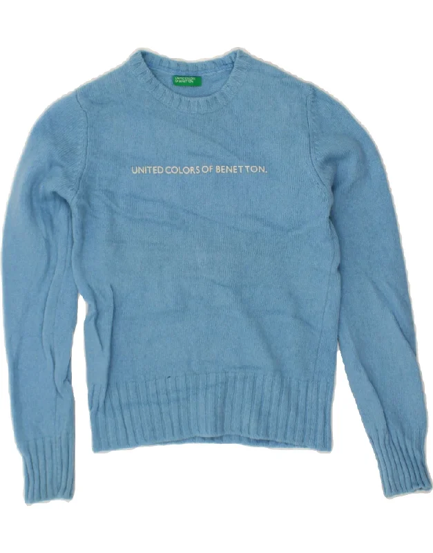 BENETTON Womens Graphic Crop Boat Neck Jumper Sweater UK 8 Small Blue High Neck Crew Neck V-Neck