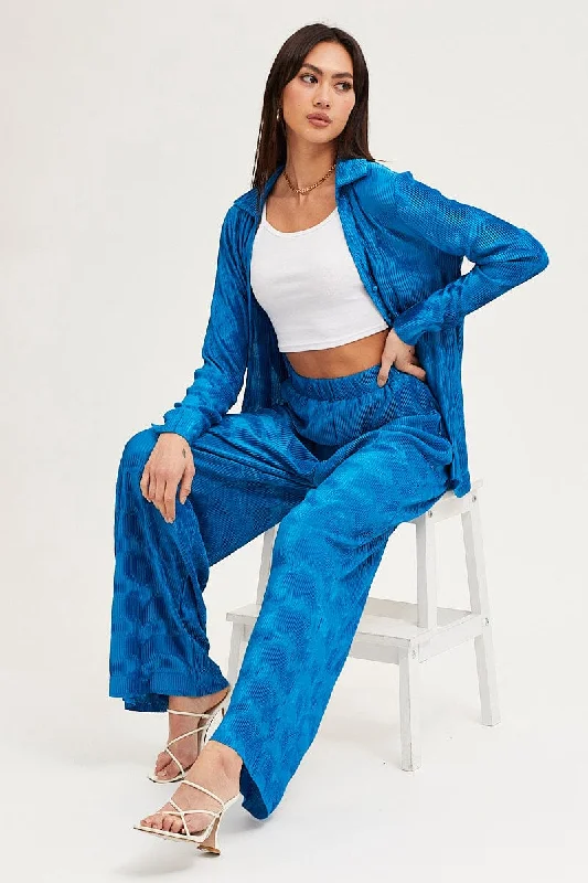 Blue Plisse Pants Wide Leg High Rise Elegant Silk Pants