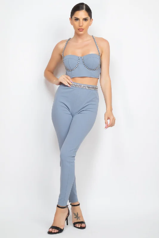 Stone Embellished Top And Pants Set High-Waist Jeans