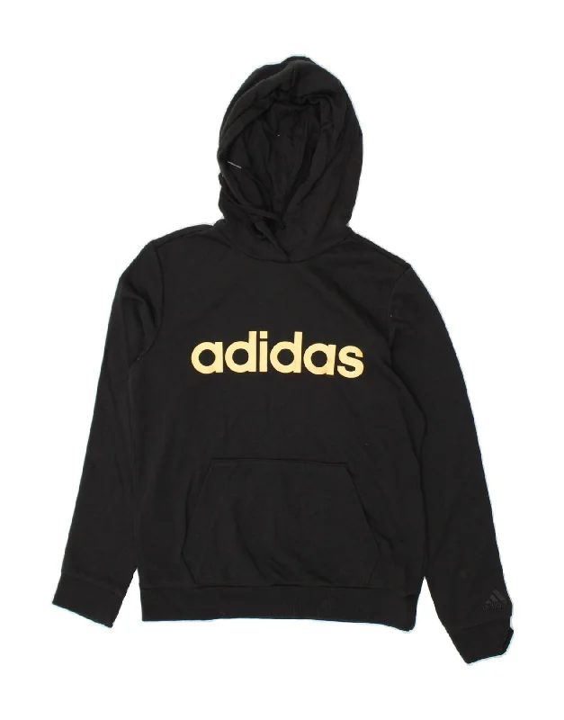 ADIDAS Womens Graphic Hoodie Jumper UK 8/10 Small Black Cotton Hoodie with Applique Textured Unique