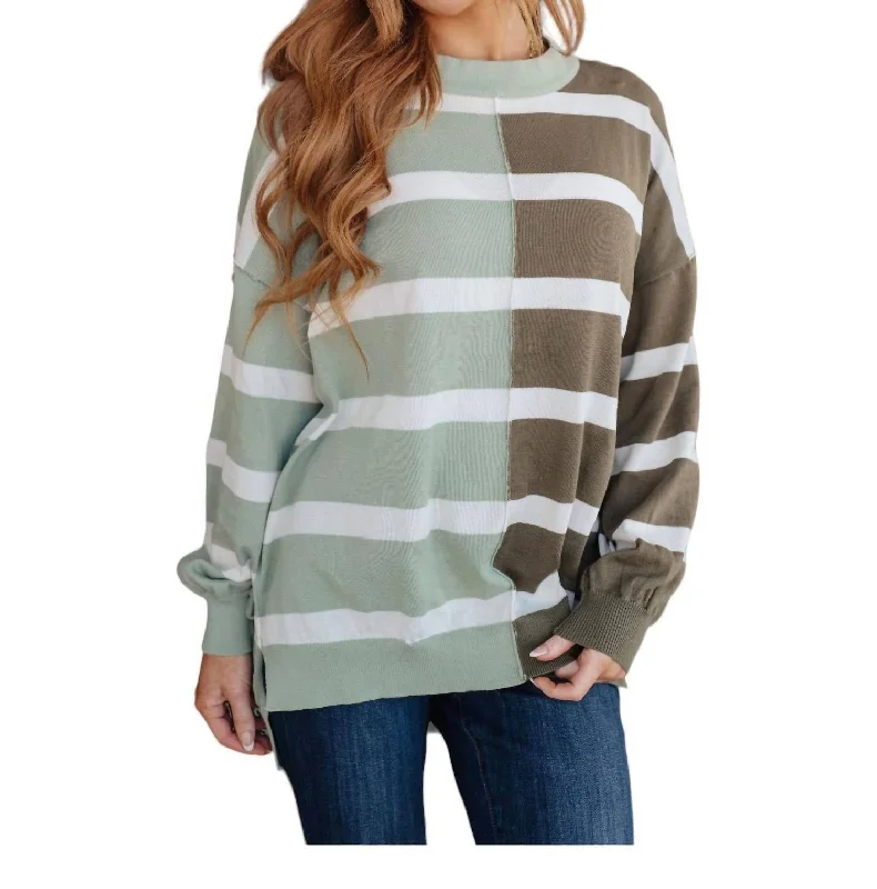 Color Block Striped Sweater In Sage /  Brown Chenille Blend Fleece Blend Nylon Blend