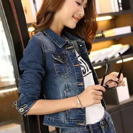 2023 Spring New Korean Style Slim Short Jacket Versatile Solid Color Long Sleeve Denim Jacket Women's Fashion Boat Neck Shawl Collar Notched Collar