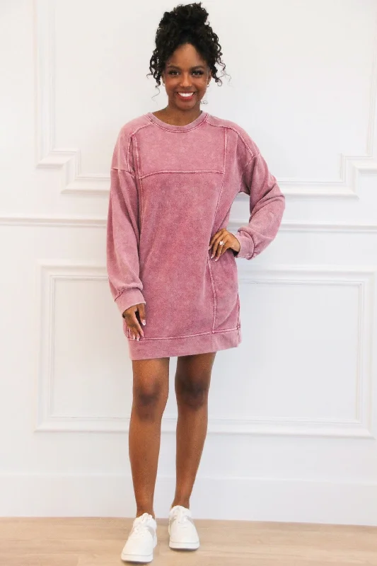 Casual Days Oversized Washed Sweatshirt Tunic Dress: Magenta Hoodie with Raglan Sleeves Sporty Comfortable
