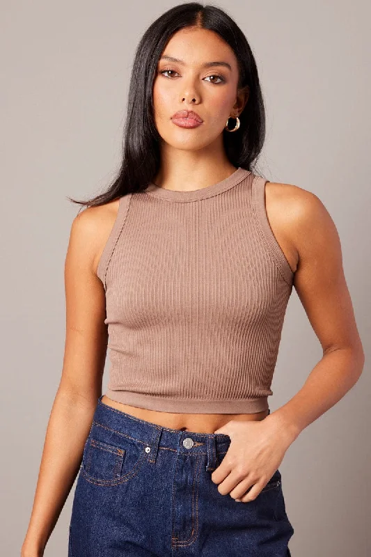 Brown Tank Top Crew Neck Seamless peach tank top