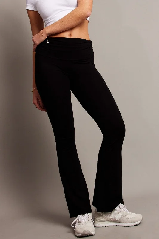 Black Flare Leg Pants Side Ruched Warm Wool Trousers