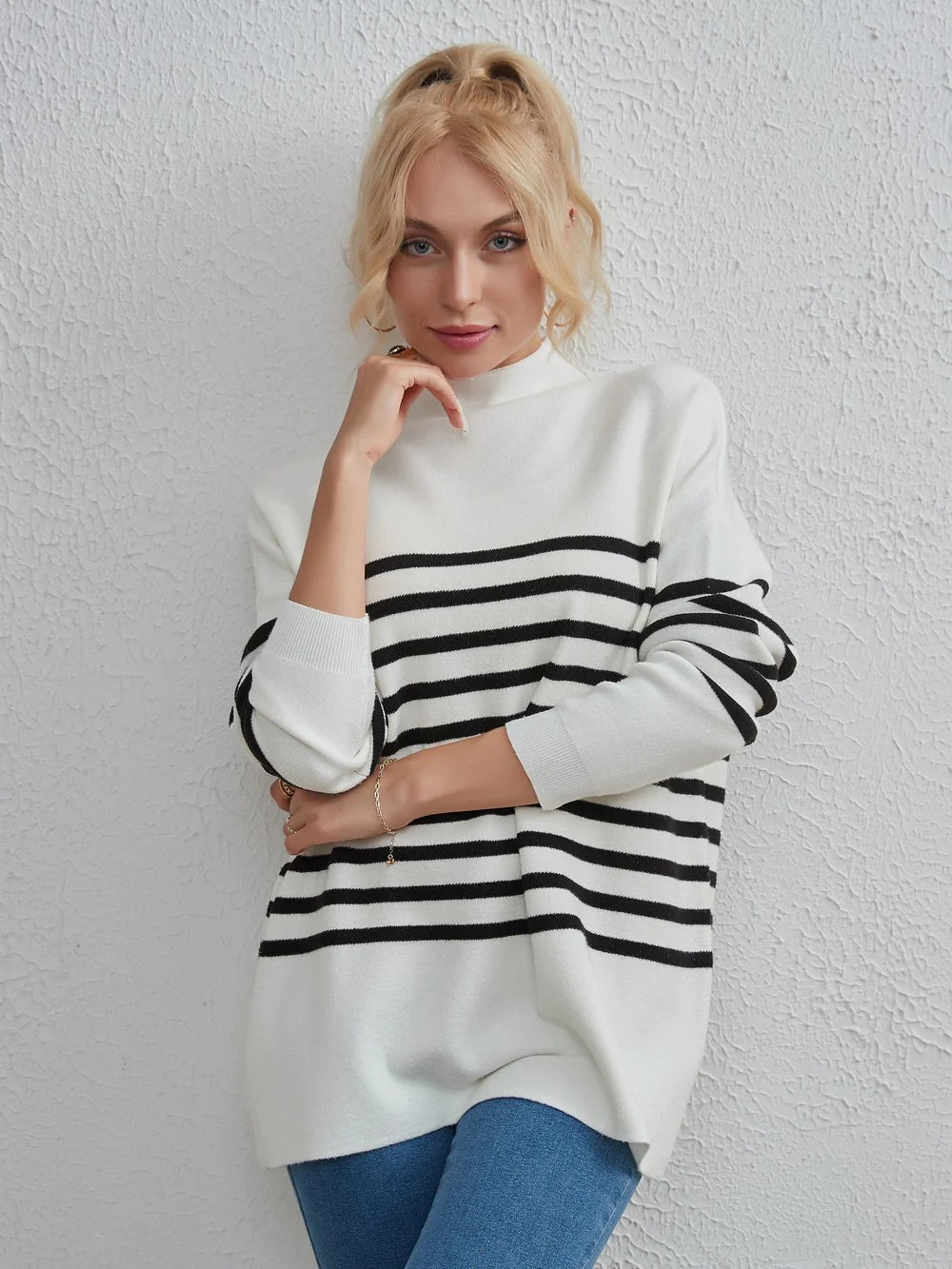 CLASSY LARGE SIZE STRIPED ROUND NECK LOOSE SWEATER Welt Pockets Slit Pockets Flap Pockets