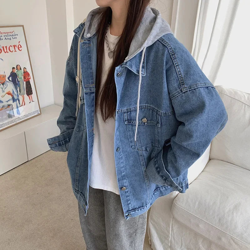 Two-piece Illusion Hooded Denim Jacket Women's Loose Fit Design Sensibility Versatile Detachable Top Other Short Outerwear Welt Pockets Slit Pockets Flap Pockets