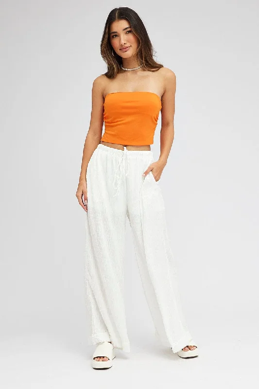 White Wide Leg Pants High Rise Textured Fabric Relaxed Casual Leggings