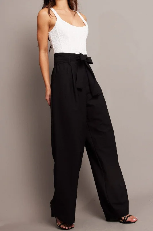 Black Wide Leg Pants Waist Tie Comfortable Cargo Pants